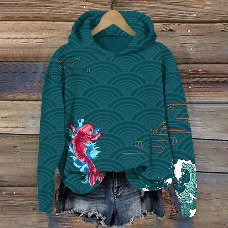 Japanese Koi With Shell & Cloud Patterns Print Long Sleeve Hoodie - Green - US44-46(8XL) - image 2