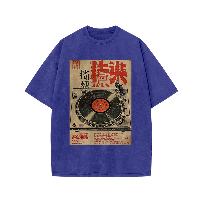 Japanese Turntable Pattern Print Acid Washed T-shirt - Blue - US20-22(3XL) - image 8