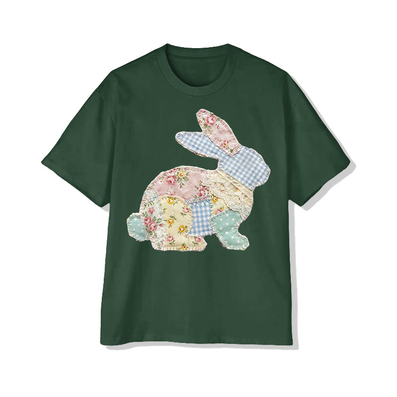 Trendy Pastoral Floral Bunny Patchwork Printed Cotton T-shirt - Dark Green - 2XL - image 7