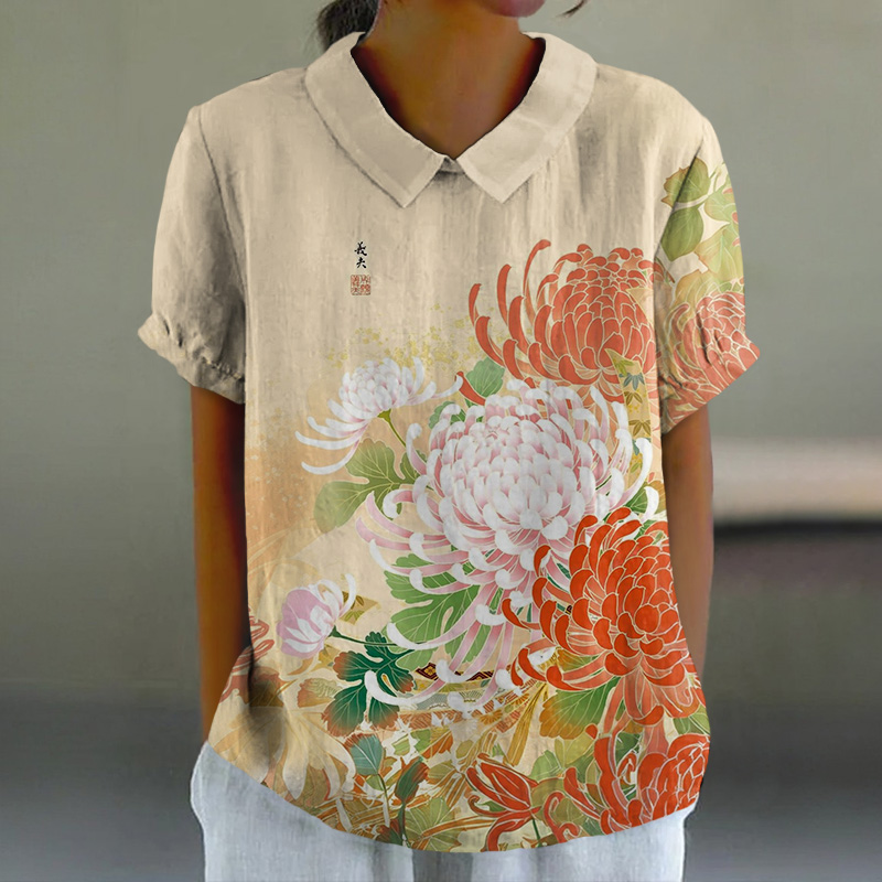 Vintage Colored Chrysanthemum Blossom Print Casual Lapel Loose Blouse - Apricot - 6XL - image 1