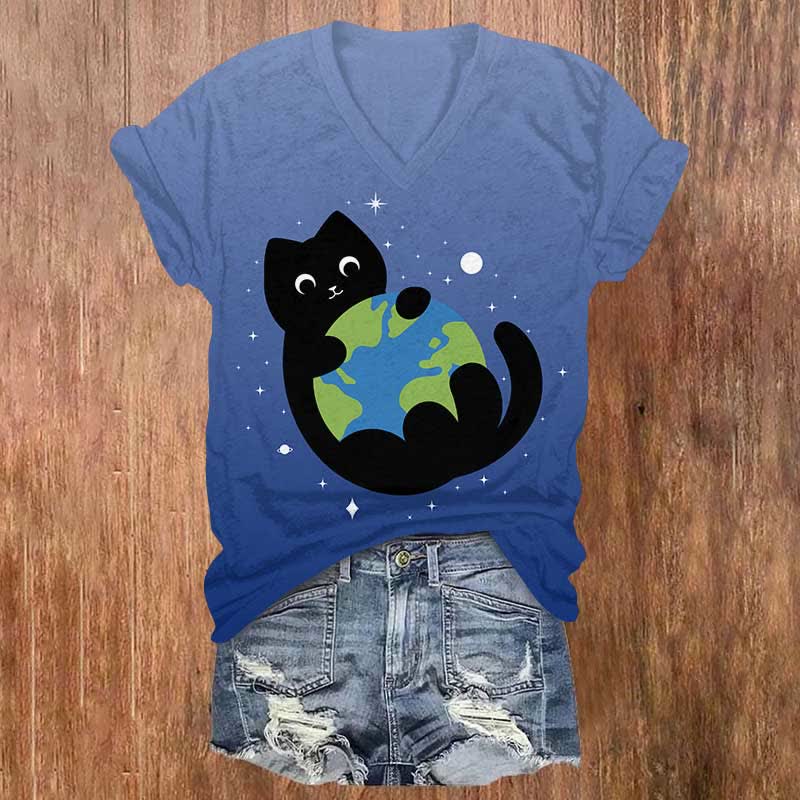 Lovely Black Cat Holding The Earth Print V-neck T-shirt - Ombre Blue - US32-34(5XL) - image 7