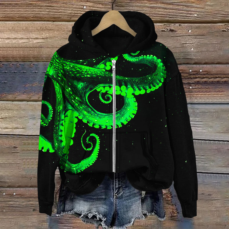 Three-dimensional Creative Octopus Print Long Sleeve Zipper Hoodie - Green - US28-30(4XL) - image 4