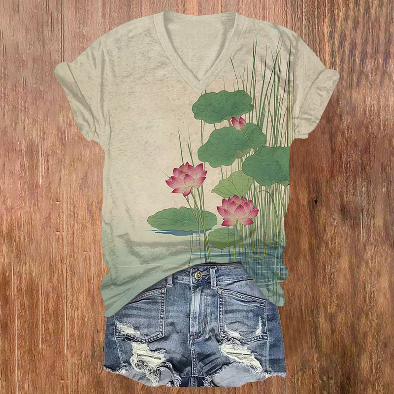 Japanese Watercolor Lotus Blossom Print Short Sleeved V-neck T-shirt - Apricot - US32-34(5XL) - image 1
