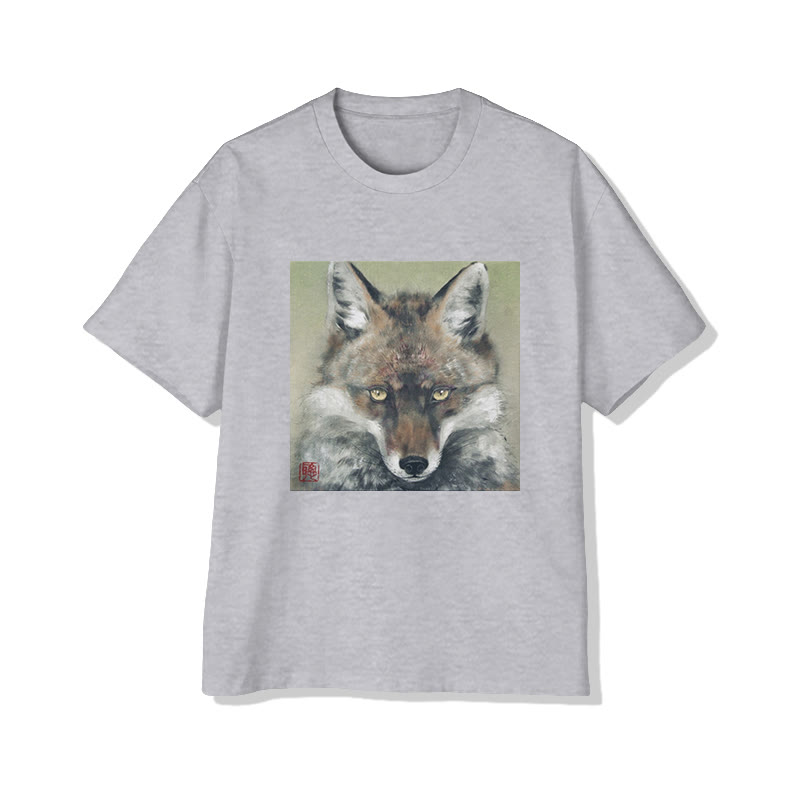 Unisex Fox Portrait Art Print Short Sleeved Crew Neck T-Shirt - Grey - 2XL - image 3
