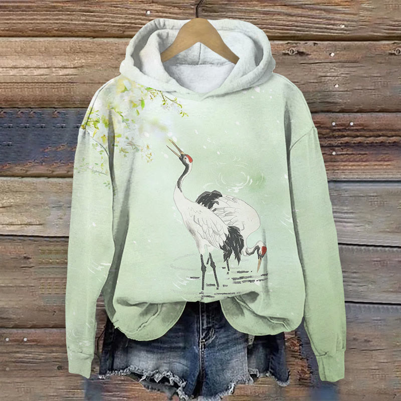  Japanese  Cranes With Bloom Floral Print Long Sleeve Hoodie - Mint - US44-46(8XL) - image 5