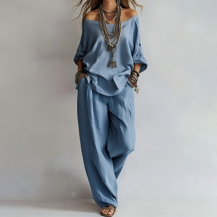 Simple Solid Cozy Wide Collar 3/4-sleeve Top & Pants Set - Blue - 3XL - image 3