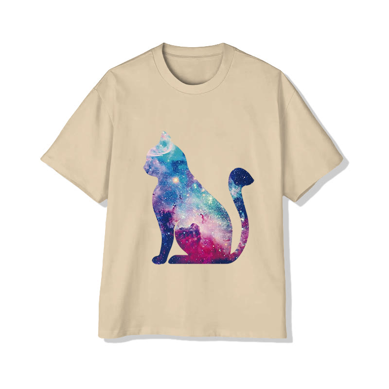 Unisex Brilliant Starry Sky Cat Print Short Sleeved Crew Neck T-shirt - Apricot - 2XL - image 4