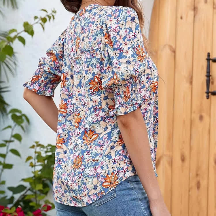Elegant Floral Print V-neck Ruffled Puff Sleeves Blouse - image 5