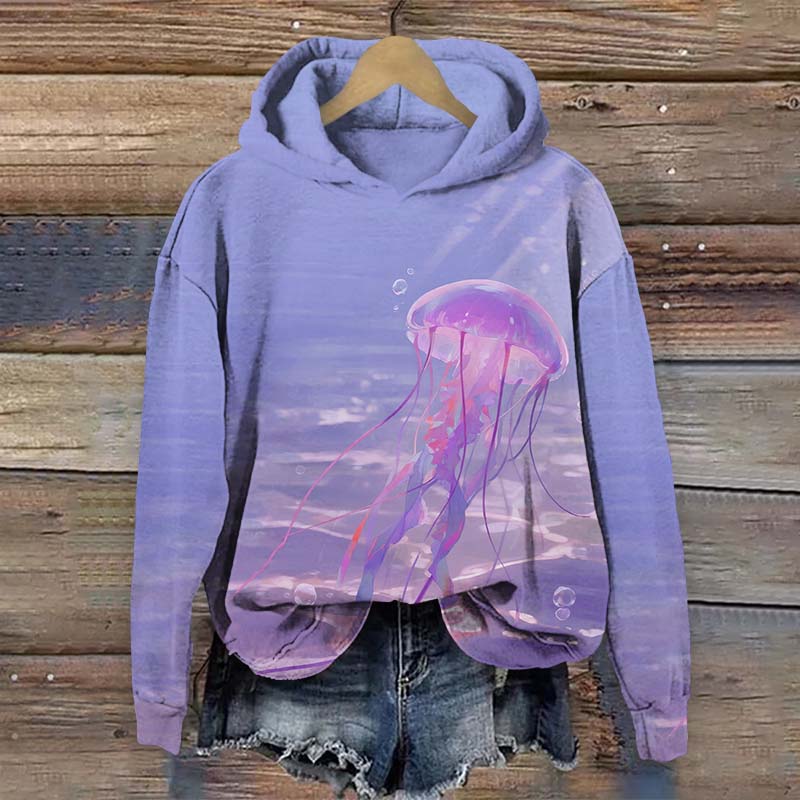 Ombre Fantasy Jellyfish Art Print Long Sleeve Hoodie - Purple - US44-46(8XL) - image 3