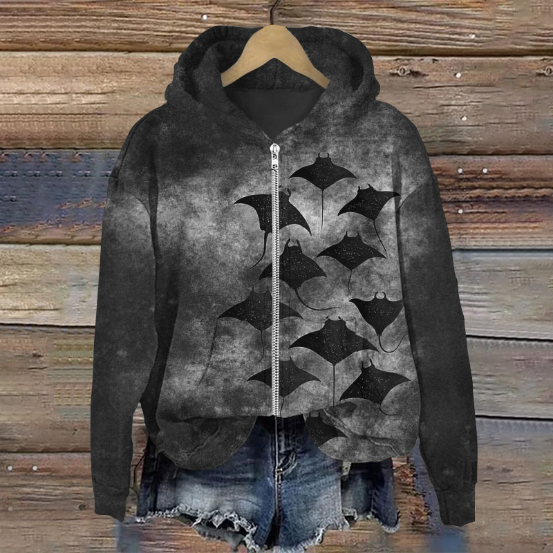 Vintage Manta Ray Art Print Long Sleeve Zipper Hoodie - Grey - US28-30(4XL) - image 5