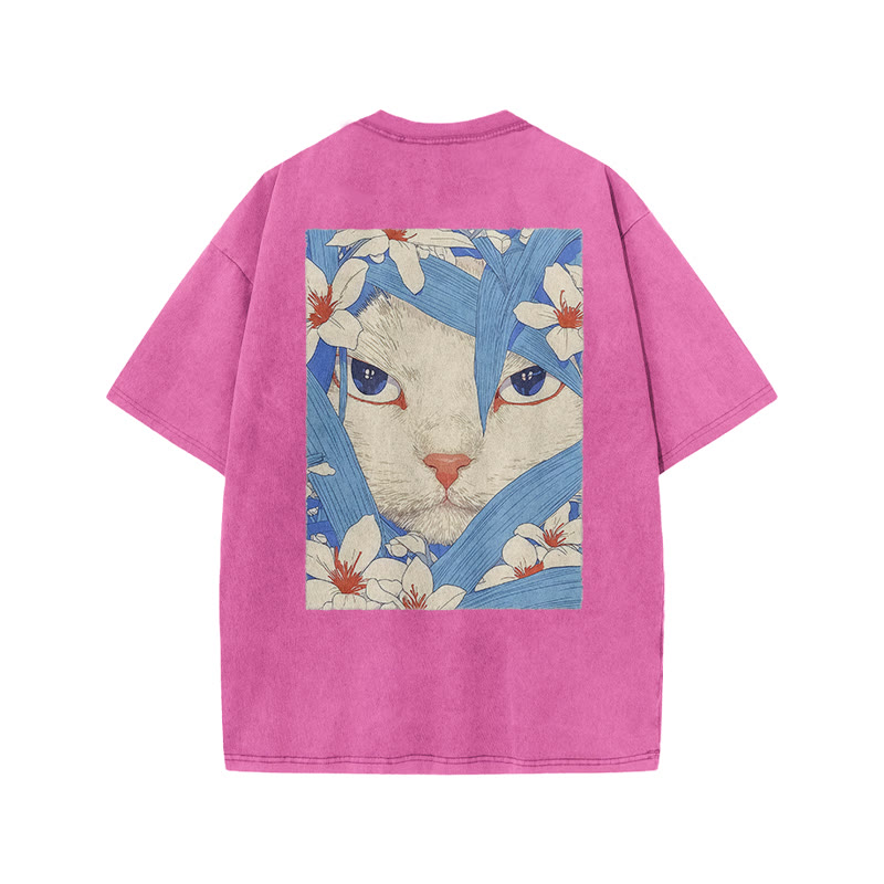 Floral And Cat Art Patterns Print Acid Washed T-shirt - Pink - US20-22(3XL) - image 7