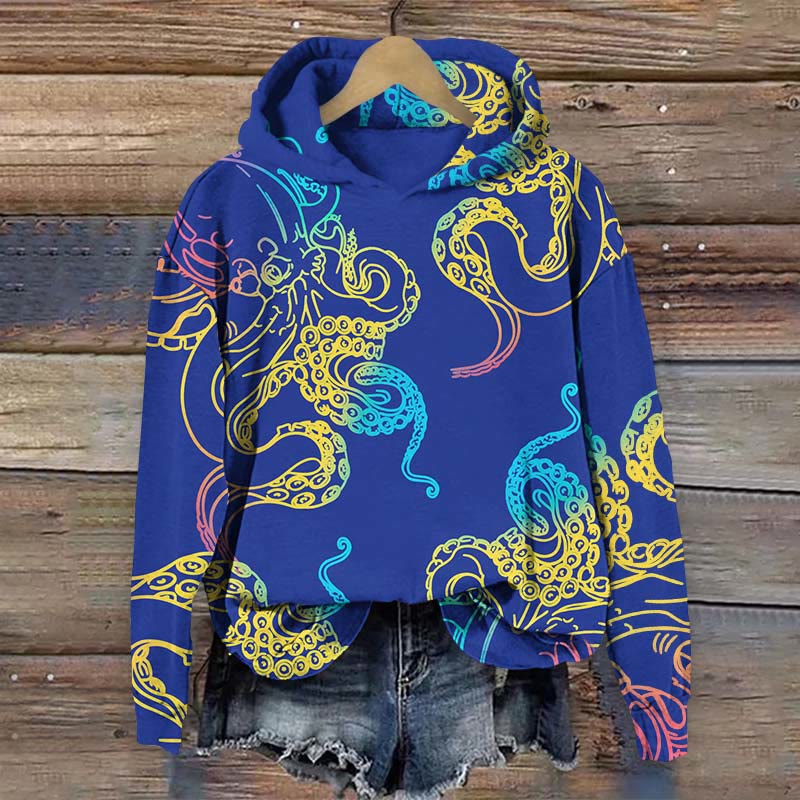 Japanese Abstract Color Painting Octopus Print Long Sleeve Hoodie - Blue - US44-46(8XL) - image 4
