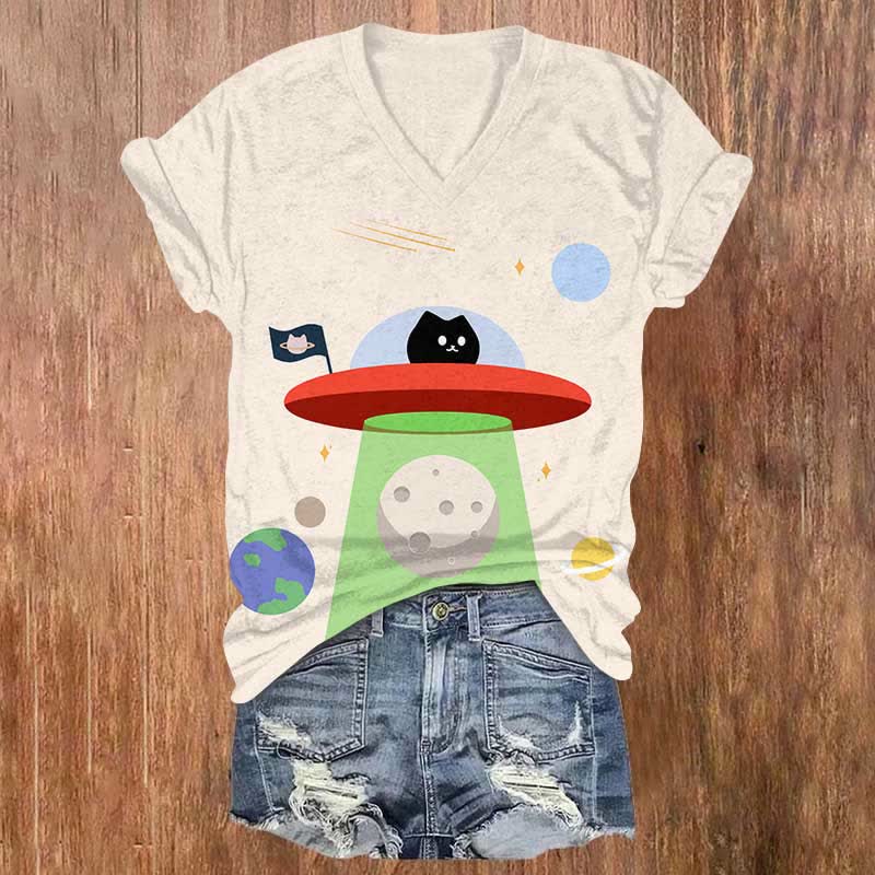 Vintage Funny UFO Black Cat Art Print V-neck T-shirt - Beige - US32-34(5XL) - image 3