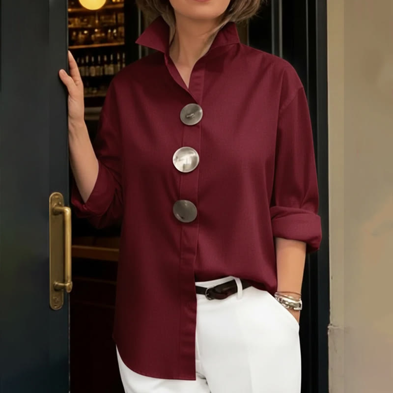 Elegant Solid Oversized Metal Buttons Long-sleeve Blouse - Wine - 3XL - image 4
