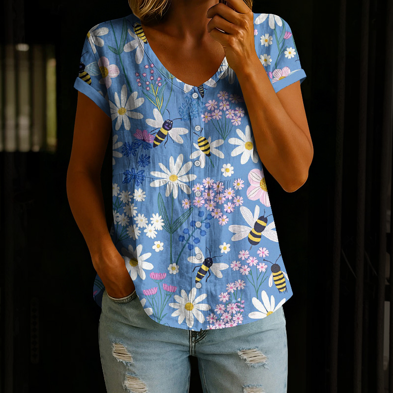 Creative Floral & Bee Art Print Button V-neck A-line Short-sleeve Blouse - Blue - 4XL - image 1
