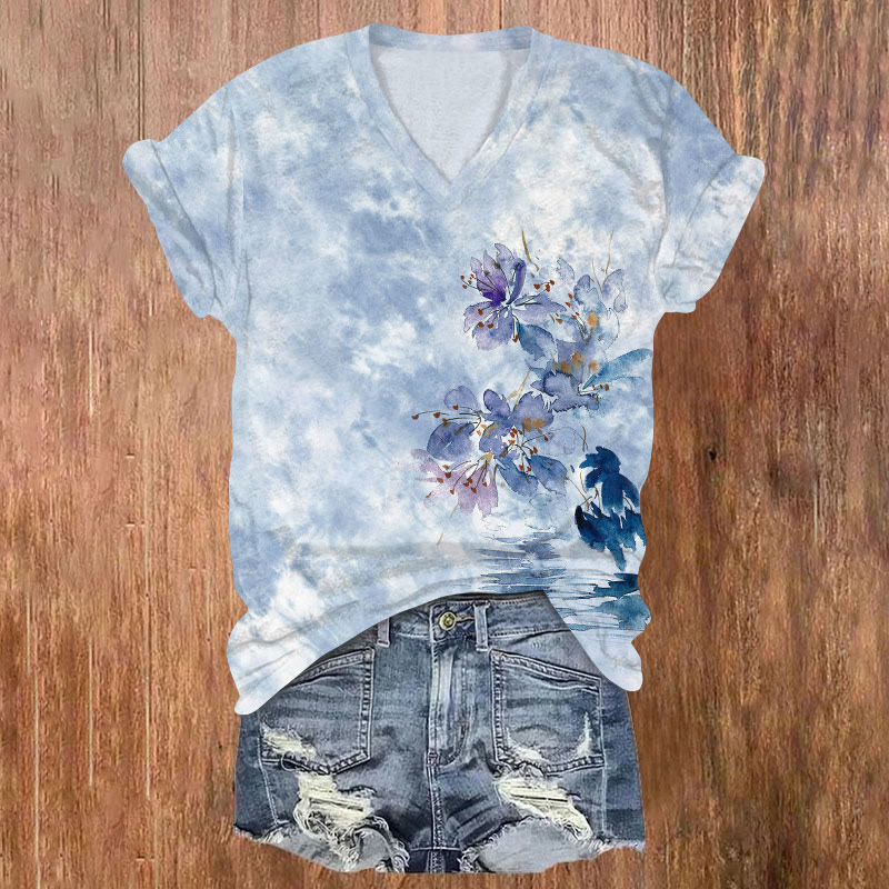Watercolor Floral Print V-neck T-shirt - Light Blue - US32-34(5XL) - image 4