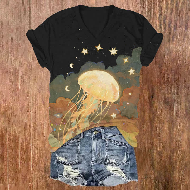 Oil Painting Star & Moon Around Jellyfish Print V-neck T-shirt - Black - US32-34(5XL) - image 5