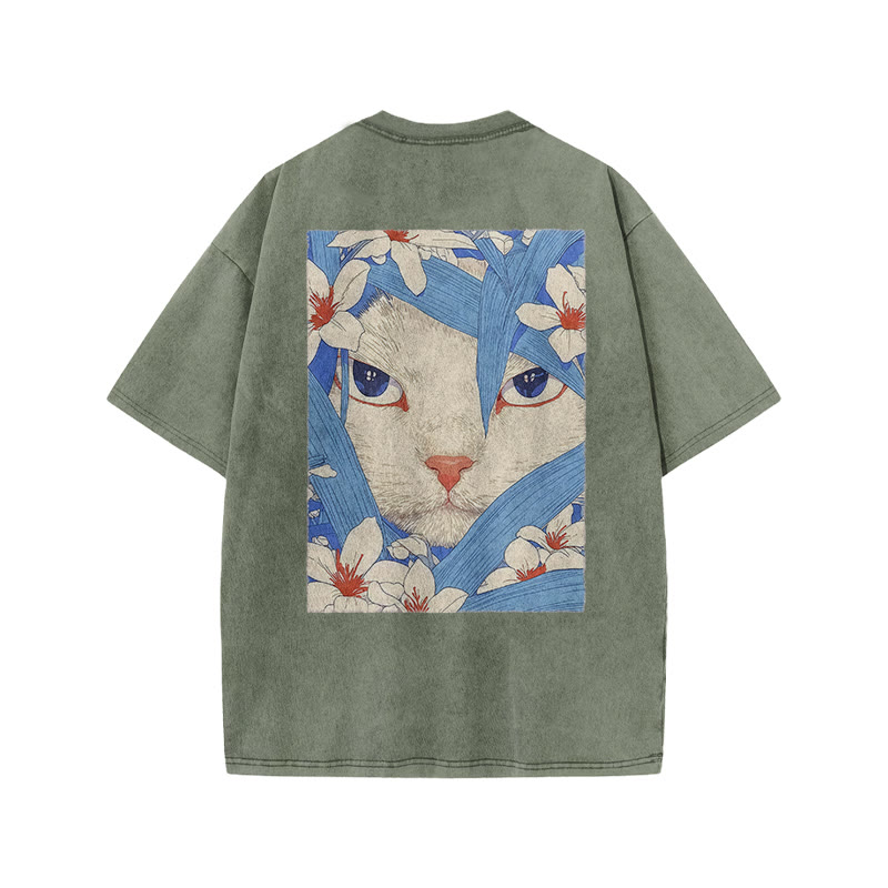 Floral And Cat Art Patterns Print Acid Washed T-shirt - Army Green - US20-22(3XL) - image 5