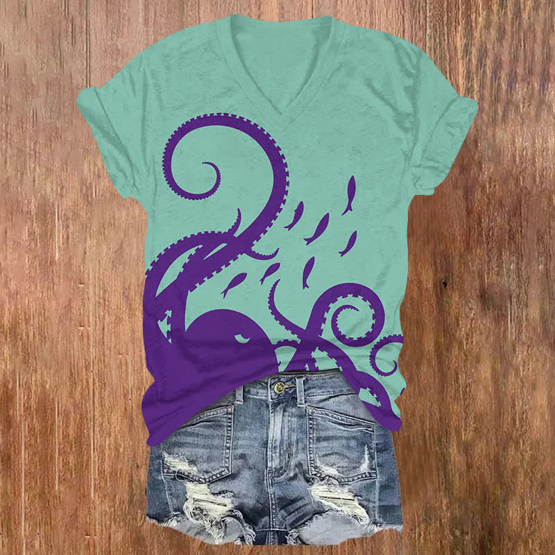 Vintage Simple Octopus Tentacles & Fish Art  Print V-neck T-shirt - Green - US32-34(5XL) - image 5