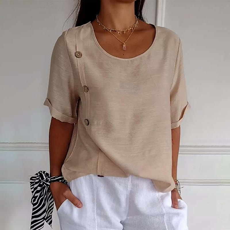 Elegant Solid Asymmetrical Buttons Half-sleeves Round-neck Blouse - Khaki - 5XL - image 6