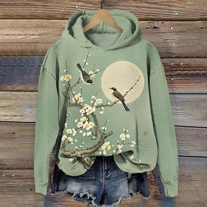 Vintage Plum Blossoms And Nightingale Art Print Long Sleeve Hoodie - Green - US44-46(8XL) - image 3