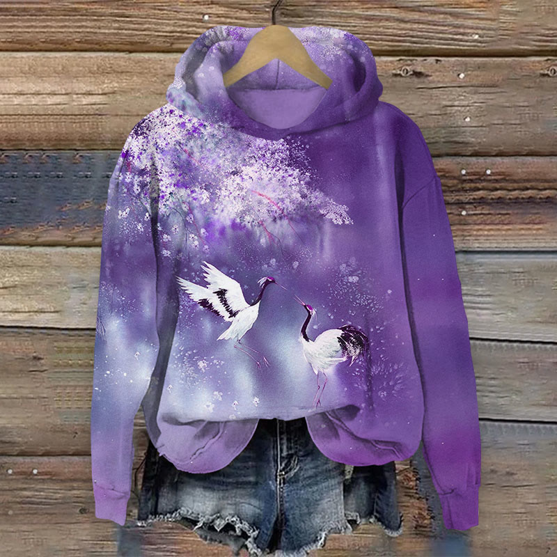 Japanese Cranes Play Under Bloom Floral Print Long Sleeve Hoodie - Purple - US44-46(8XL) - image 4