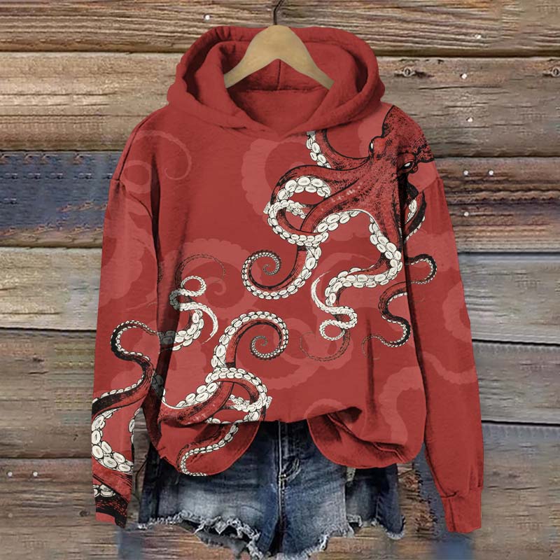 Vintage Red Octopus Art Print Long Sleeve Hoodie - Red - US44-46(8XL) - image 3