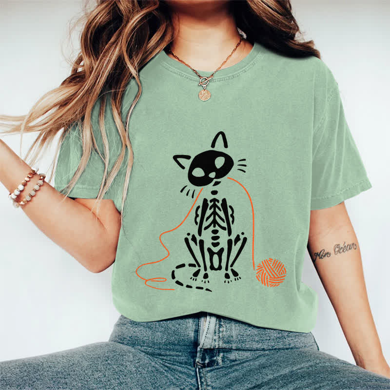 100% Cotton Women's Creative Skeleton Cat Playing Ball Of Yarn Art Print Casual T-shirt - Green - 2XL - image 10