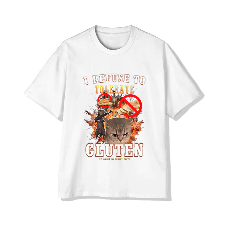 Unisex Cat "I Refuse To Tolerate Gluten" Pattern Short Sleeved Crew Neck T-Shirt - White - 2XL - image 3