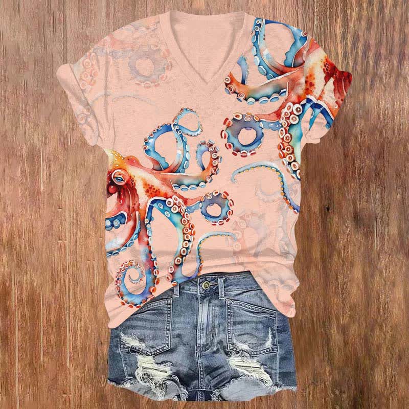 Japanese Colorful Octopus Art Print V-neck T-shirt - Pink - US32-34(5XL) - image 6