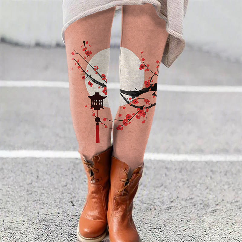 Japanese Sun & Lantern On Plum Blossom Art Print Leggings - Pink - 5XL - image 4