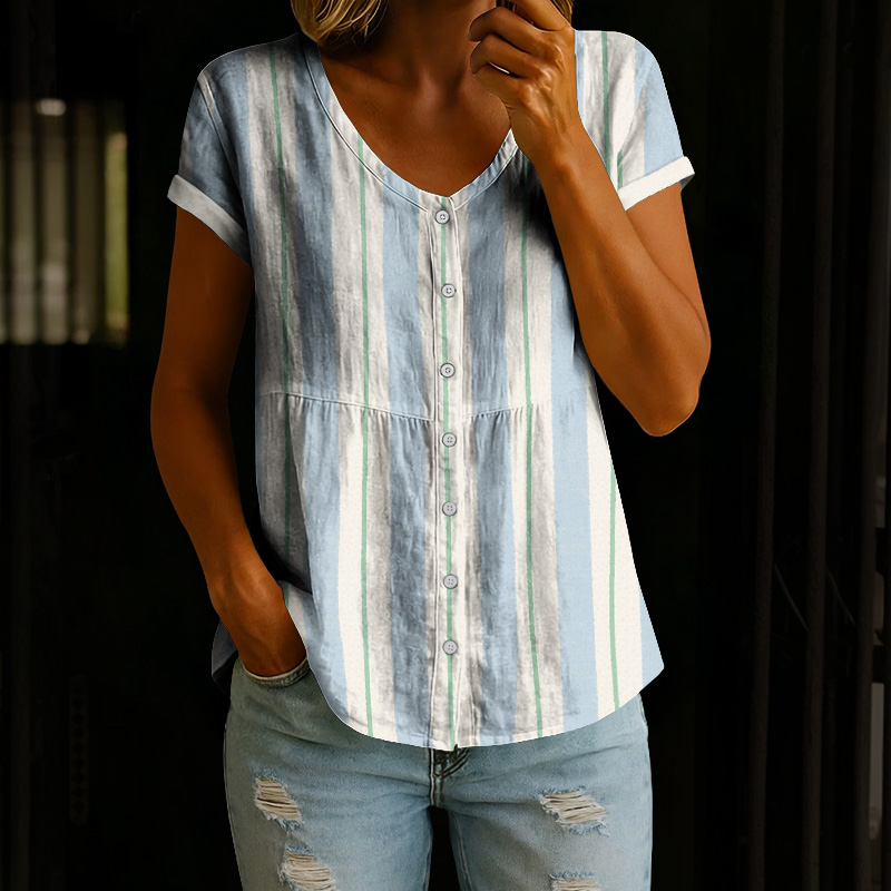 Classic Color Block Striped Art Print Button V-neck A-line Short-sleeve Blouse - Blue - 4XL - image 1