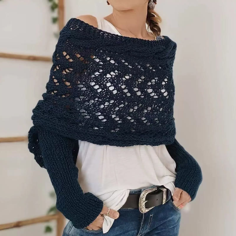 Elegant Knitting Overlapping Back Structure Long-sleeved Shawl - Navy Blue - 44*23cm - image 9