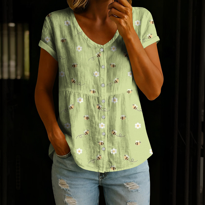 Lovely Bee & Floral Art Print Button V-neck A-line Short-sleeve Blouse - Green - 4XL - image 1