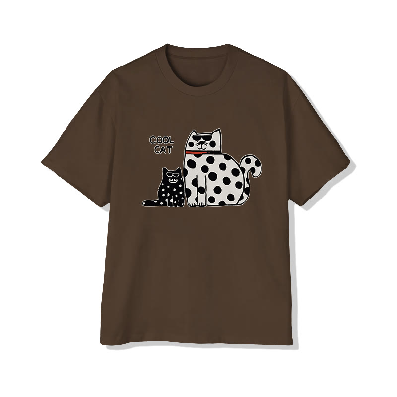 Vintage Cozy Polka Dot Kitten Print Pattern Cotton Print T-shirt - Coffee - US16-18(2XL) - image 5