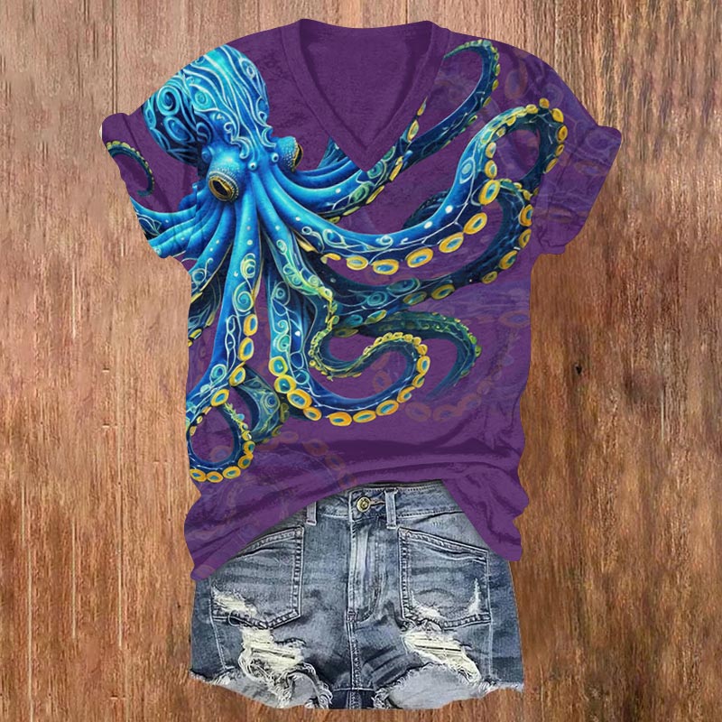 Japanese Oil Painting Octopus Print V-neck T-shirt - Purple - US32-34(5XL) - image 5