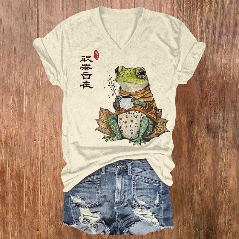 A Japanese-style Frog Enjoying Tea Printed Short Sleeved V-neck T-shirt - Apricot - US32-34(5XL) - image 1