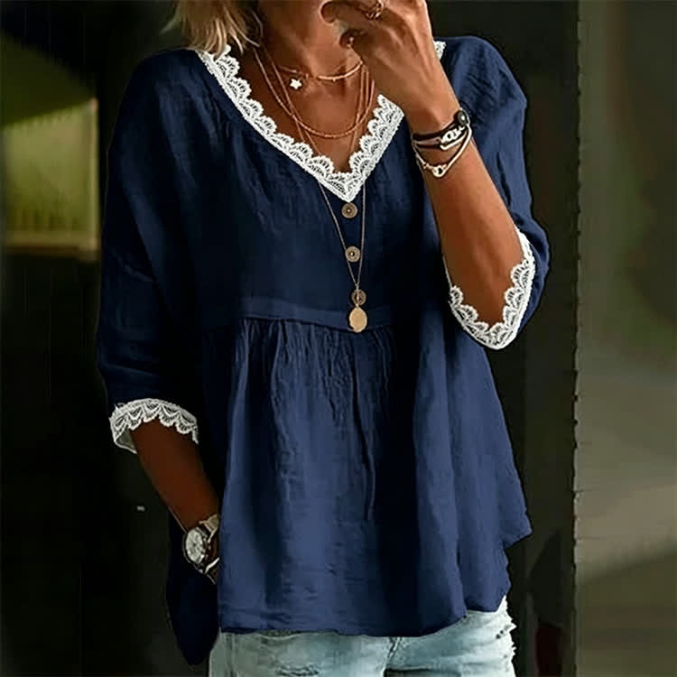 Elegant Solid Openwork Lace Splicing V-neck 3/4 Sleeve Blouse - Navy Blue - US 22 (4XL) - image 7