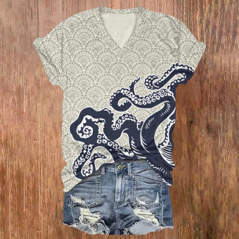 Unisex Ocean Fantasy Octopus Tentacles Pattern Print Short Sleeved V-neck T-shirt - Apricot - US32-34(5XL) - image 5