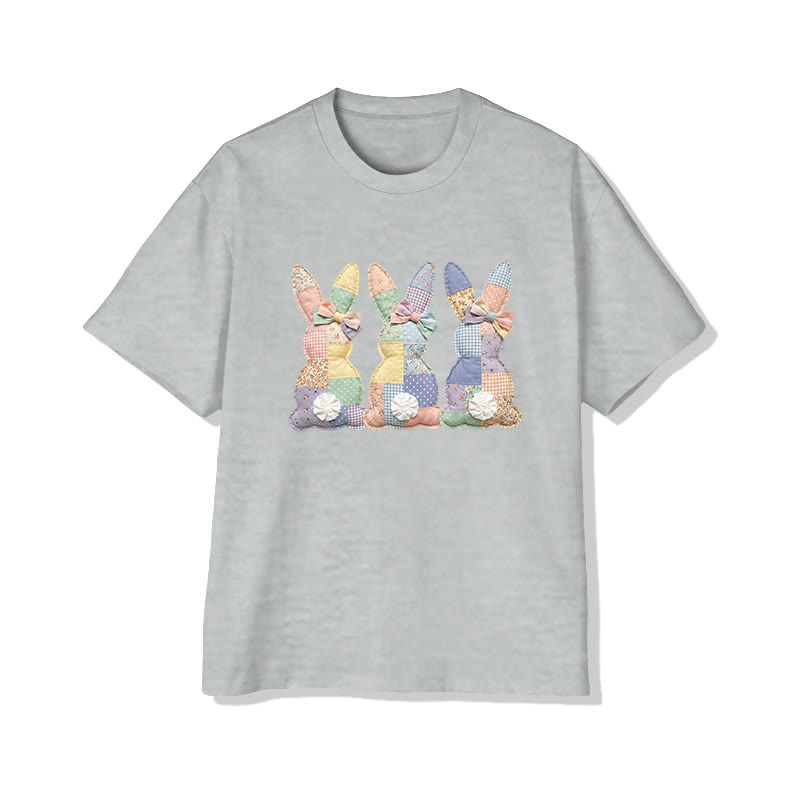 Easter Three Bunnies Garden Flowers Print Pattern Cotton Print T-shirt - Grey - US16-18(2XL) - image 4