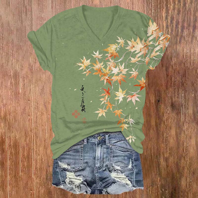 Japanese Watercolor Maple Leaf In Fall Art Print V-neck T-shirt - Green - US32-34(5XL) - image 5