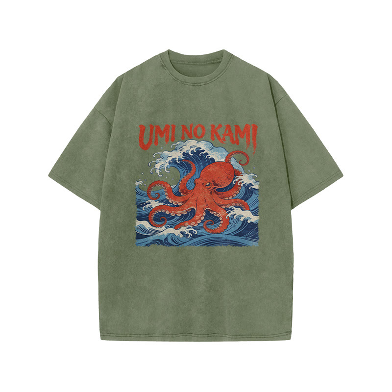 Japanese Ocean Wave Octopus Print Acid Washed T-shirt - Army Green - US20-22(3XL) - image 7