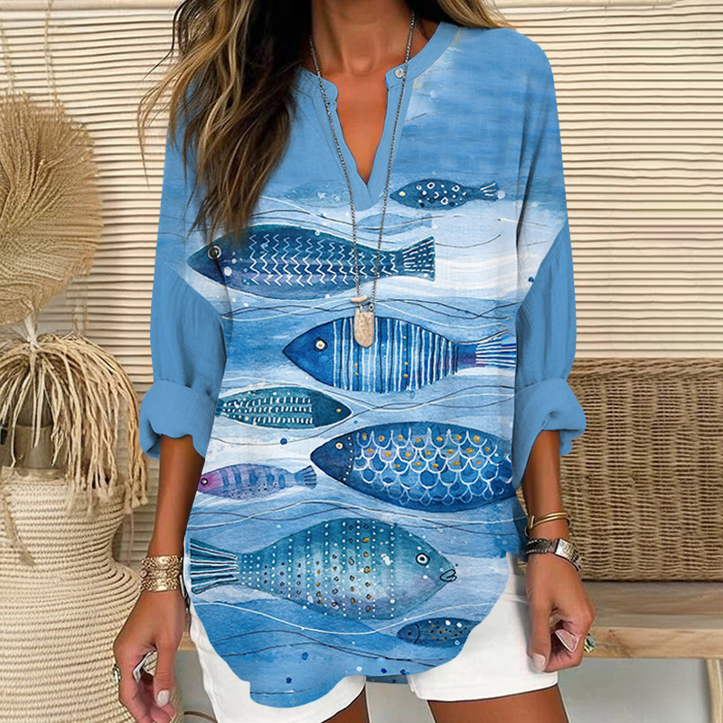 Lovely Cartoon Fish Art Print V Neck Long Sleeve Blouse - Blue - 8XL - image 1