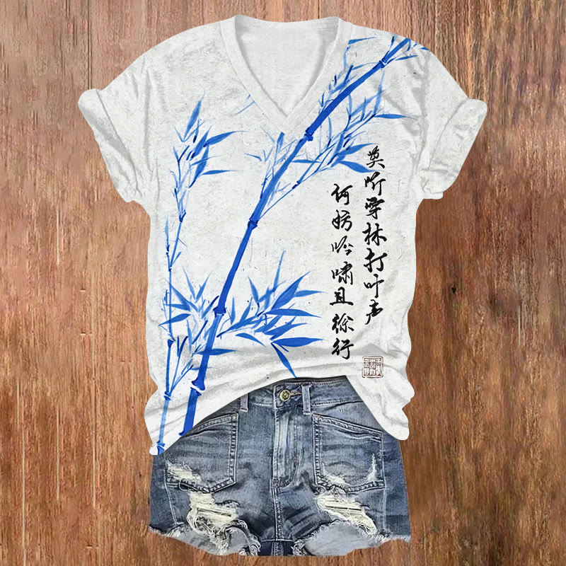 Vintage Zen-inspired Bamboo And Ink Paintings Pattern Print Short Sleeved V-neck T-shirt - Blue - US32-34(5XL) - image 3