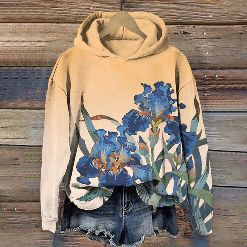 Japanese Vintage Van Gogh Iris Floral Print Long Sleeve Hoodie - Apricot - US44-46(8XL) - image 5