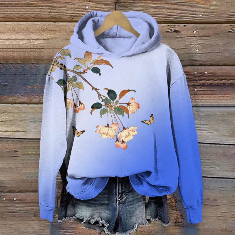 Japanese Vintage Ombre Peach Blossom Art Print Long Sleeve Hoodie - Blue - US44-46(8XL) - image 5