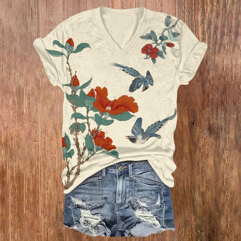 Japanese Retro-style Flowers And Two Birds Printed Short Sleeved V-neck T-shirt - Apricot - US32-34(5XL) - image 1