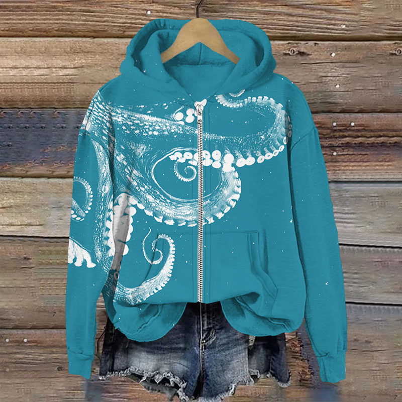 Three-dimensional Creative Octopus Print Long Sleeve Zipper Hoodie - Lake Blue - US28-30(4XL) - image 7