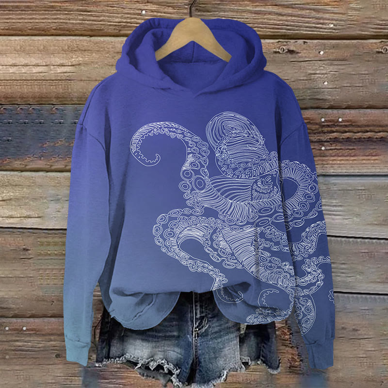 Octopus Print Long Sleeve Hoodie - Dark Blue - US44-46(8XL) - image 4