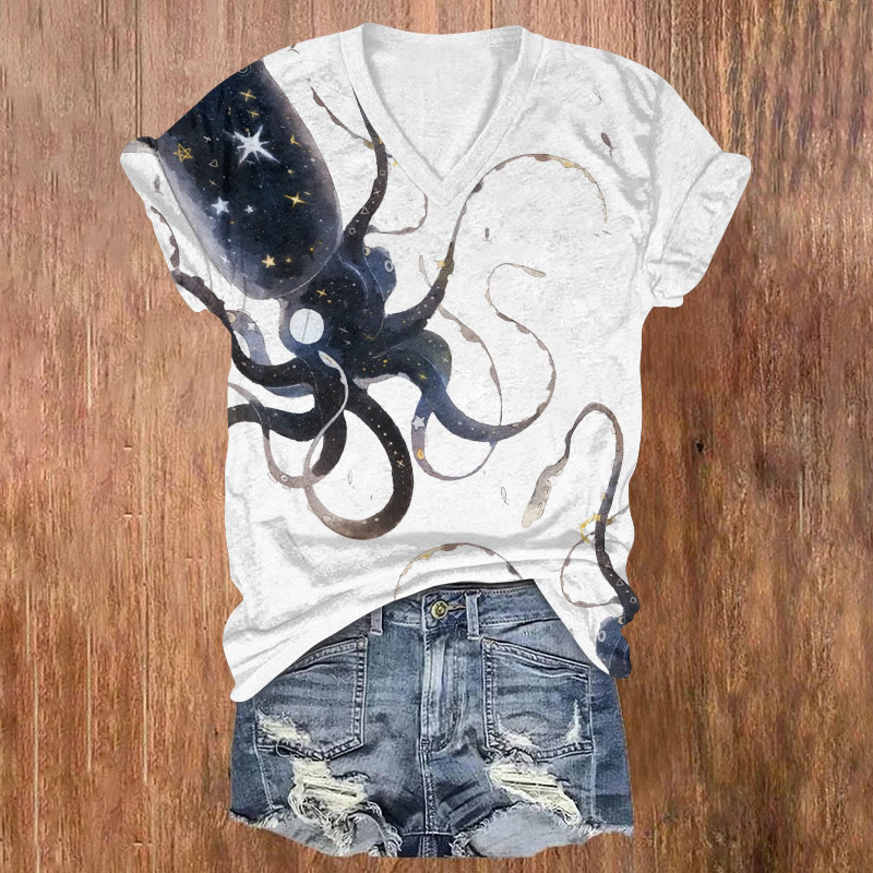 Ocean Starry Sky Squid King Pattern Print Short Sleeved V-Neck T-Shirt - White - US32-34(5XL) - image 5